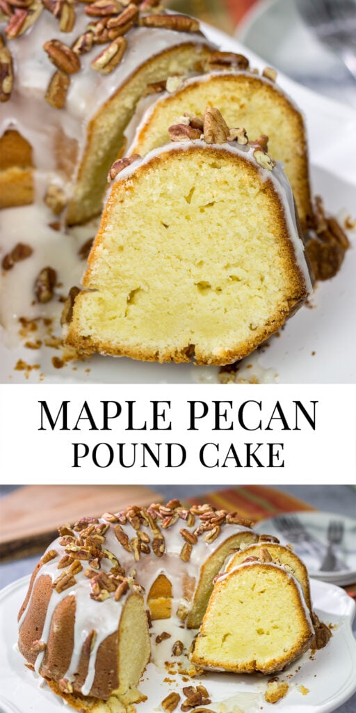 This Maple Pecan Pound Cake features a maple-flavored cake topped with lightly toasted pecans. A slice of this cake is perfect for a chilly Autumn evening!