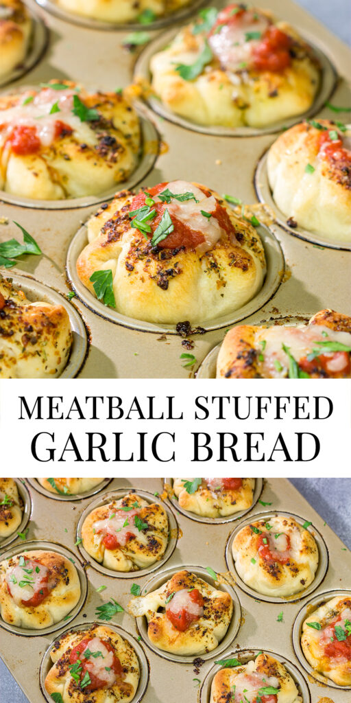 This Meatball Stuffed Garlic Bread features meatballs wrapped in pizza dough and baked in a muffin tin. It's a fun dinner recipe, or it could also work as an appetizer!