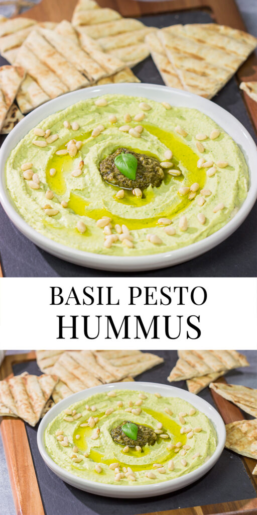 Looking for a fun and tasty summer appetizer? Whip up a batch of Basil Pesto Hummus! This recipe is great to serve when hanging out with friends on the back porch!