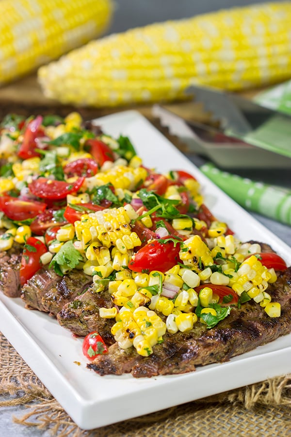 Fire up the grill! This Grilled Flank Steak with Charred Corn Salsa is a great recipe for summer dinners on the back porch!