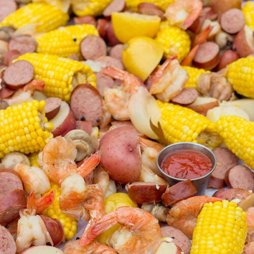 A Lowcountry Boil is a classic Southern recipe famous along the South Carolina coast. This combination of shrimp, sausage, corn and potatoes is ideal for a backyard party with friends!