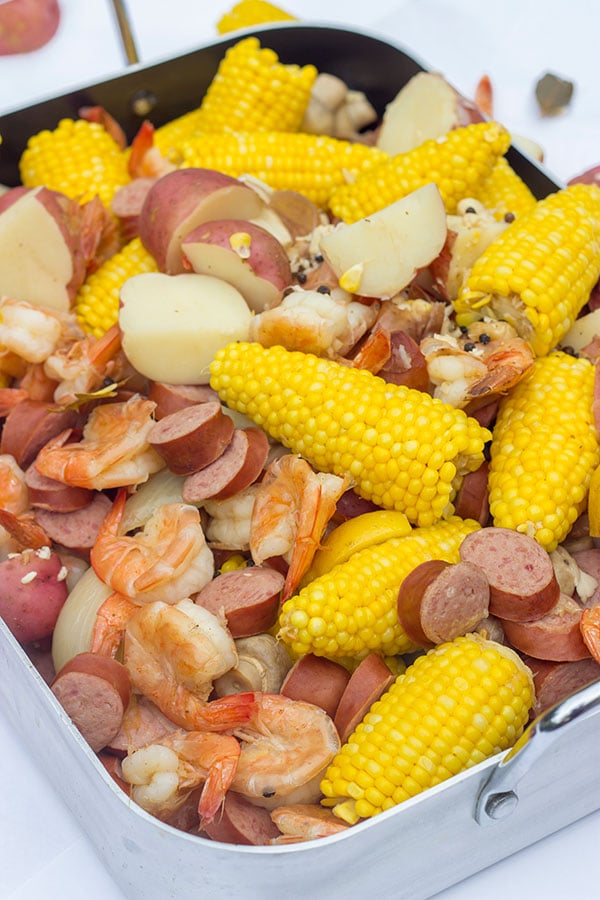A Lowcountry Boil is a classic Southern recipe famous along the South Carolina coast. This combination of shrimp, sausage, corn and potatoes is ideal for a backyard party with friends!