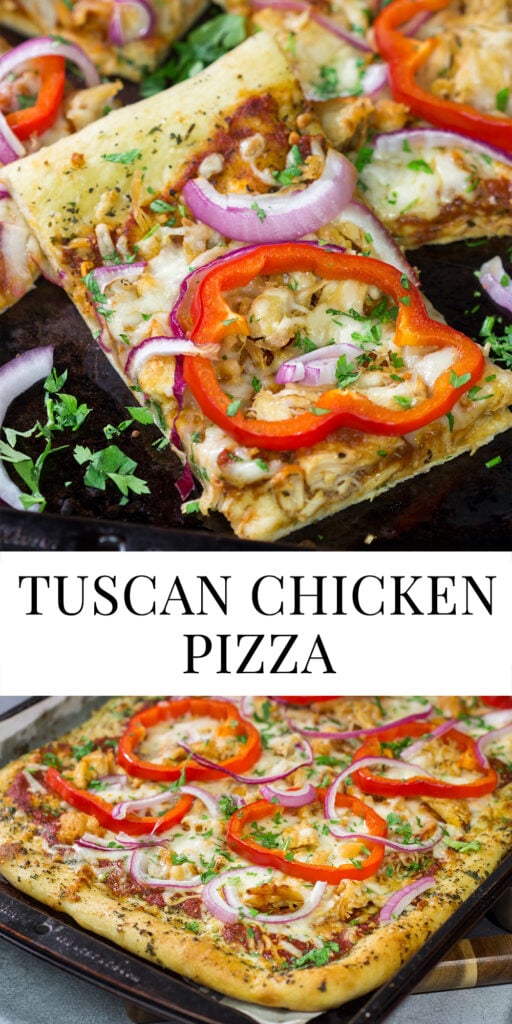 Mix up pizza night with this Tuscan Chicken Pizza! Topped with chicken, red bell peppers and a generous amount of Italian herbs, this pizza makes for a tasty (and easy) meal!