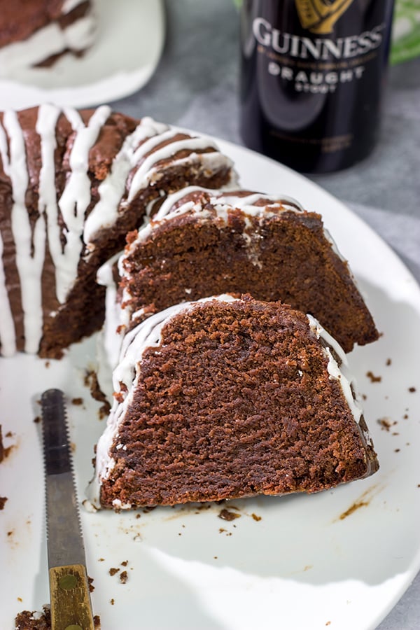 This Chocolate Pound Cake with Guinness Glaze features a moist, dense chocolate cake topped with a delicious drizzle of Guinness glaze. This recipe is perfect for St. Patrick's Day parties!