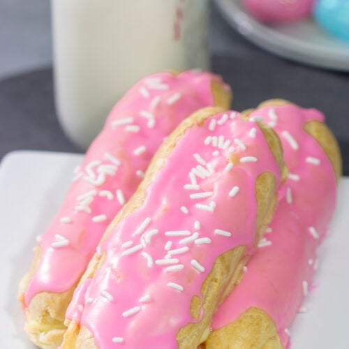 These Easter Eclairs feature a light, crispy shell filled with pastry cream and glazed with pink icing. They're a fun (and tasty!) way to celebrate the season!