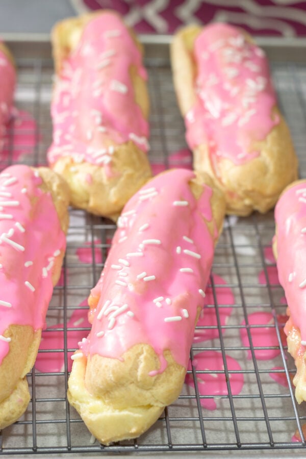 These Easter Eclairs feature a light, crispy shell filled with pastry cream and glazed with pink icing. They're a fun (and tasty!) way to celebrate the season!