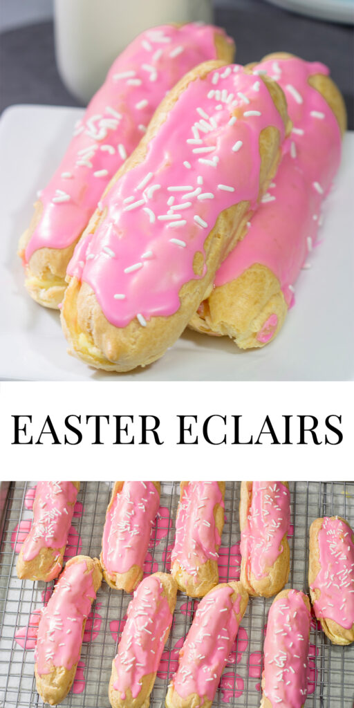 These Easter Eclairs feature a light, crispy shell filled with pastry cream and glazed with pink icing. They're a fun (and tasty!) way to celebrate the season!