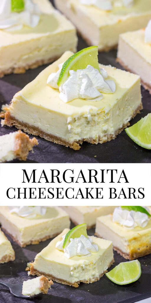 Featuring a hint of tequila + lime flavor in a creamy cheesecake filling, these Margarita Cheesecake Bars are a fun and tasty summer dessert recipe!