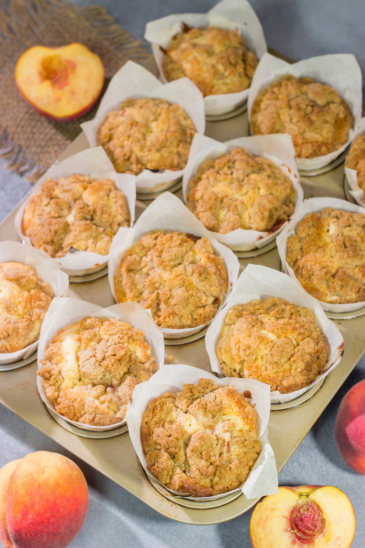 illed with juicy peaches and topped with a brown sugar crumble, these Peach Streusel Muffins are a tasty treat for summer mornings!