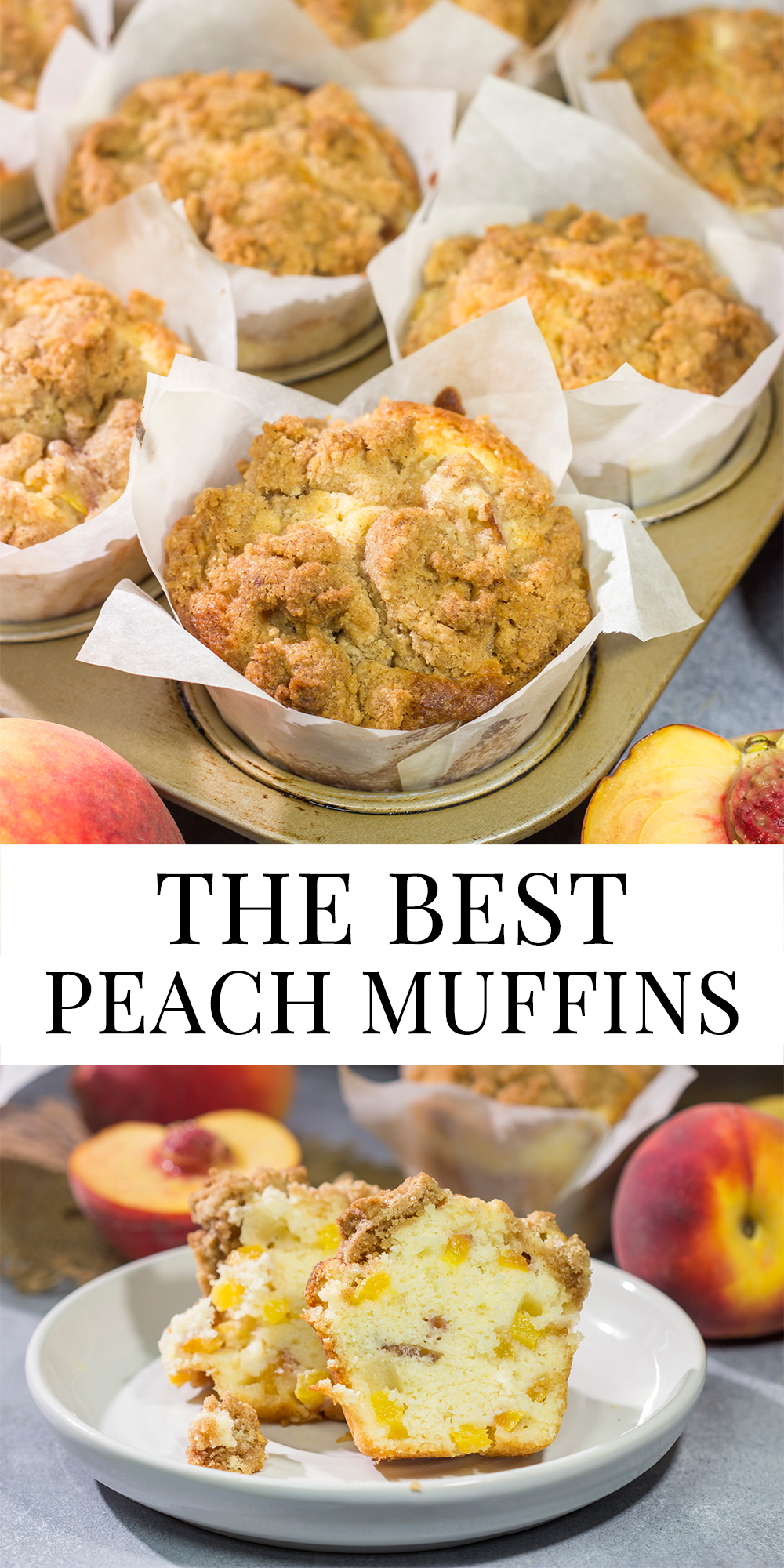 Filled with juicy peaches and topped with a brown sugar crumble, these Peach Streusel Muffins are a tasty treat for summer mornings!