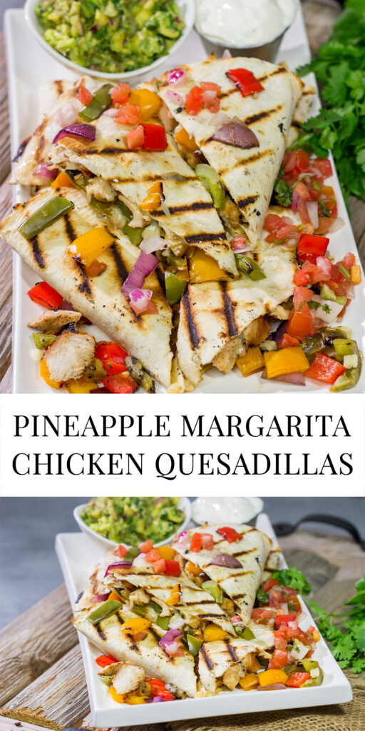 These Pineapple Margarita Chicken Quesadillas are filled with grilled chicken, pineapples, onions and peppers - and the chicken gets marinated in margarita mix for a fun twist!