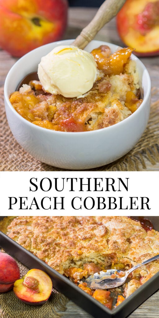 This from-scratch Southern Peach Cobbler recipe features juicy peaches topped with a golden brown, buttery crust. It's the perfect summer dessert!