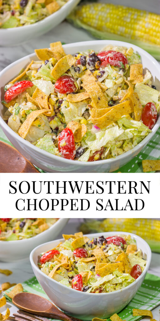 This Southwestern Chopped Salad features grilled corn, shredded cheese and lettuce tossed in a tangy southwestern dressing. Oh, and it gets topped with Fritos!