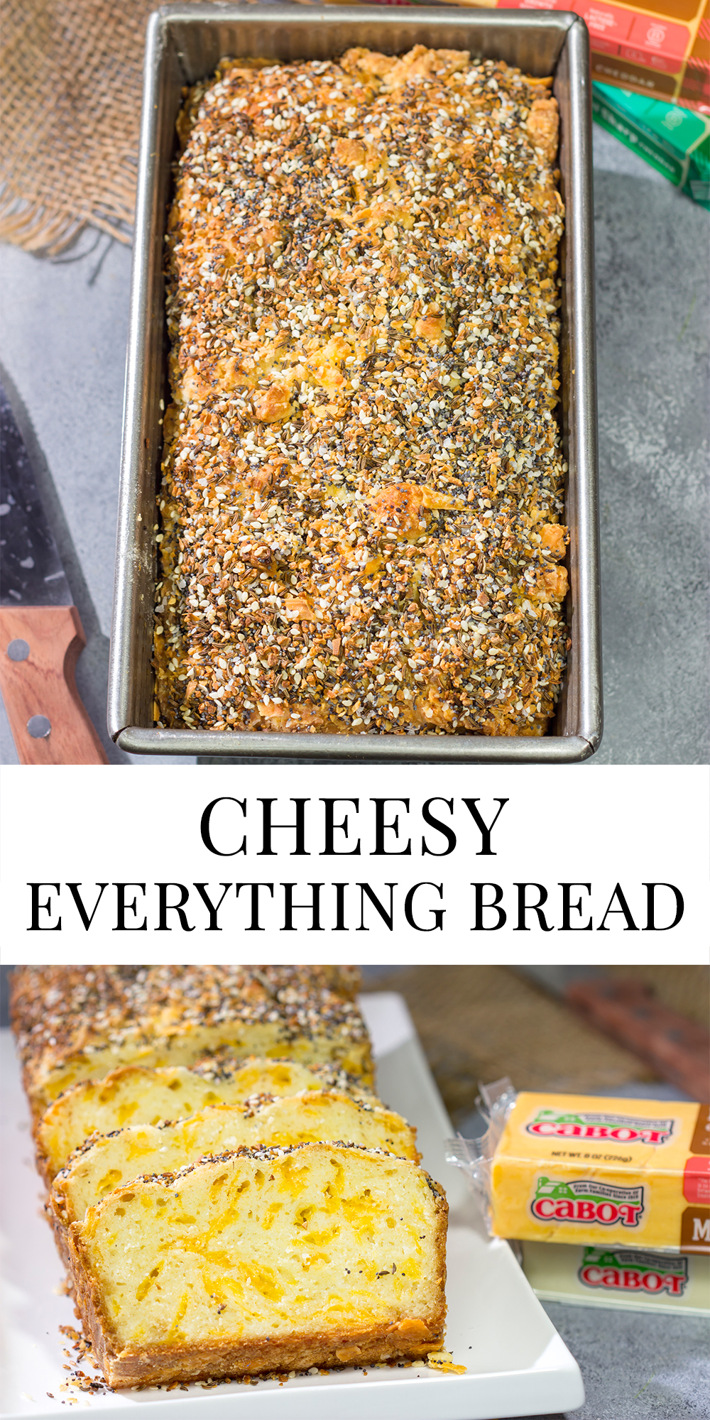 Filled with melted cheese and topped with everything bagel seasoning, this Cheesy Everything Bread is a great way to celebrate the return of baking season!
