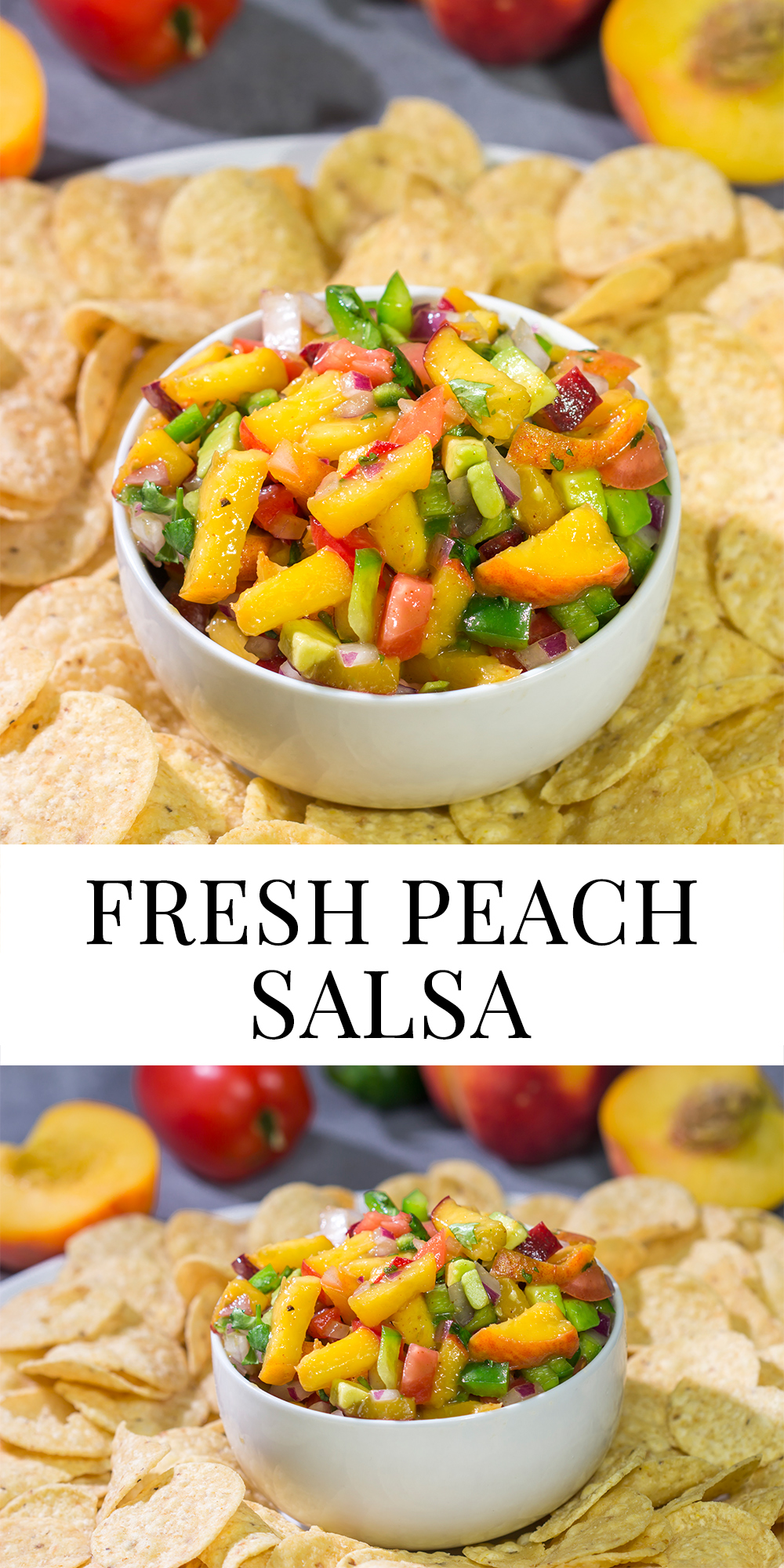 This Fresh Peach Salsa is an easy and delicious summer recipe! Serve it as a dip with chips or as a topping over grilled chicken.