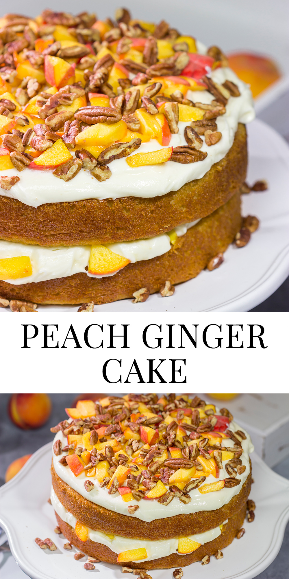 Featuring freshly grated ginger in both the cake as well as the frosting, this Peach Ginger Cake makes for a tasty dessert on a warm summer evening!