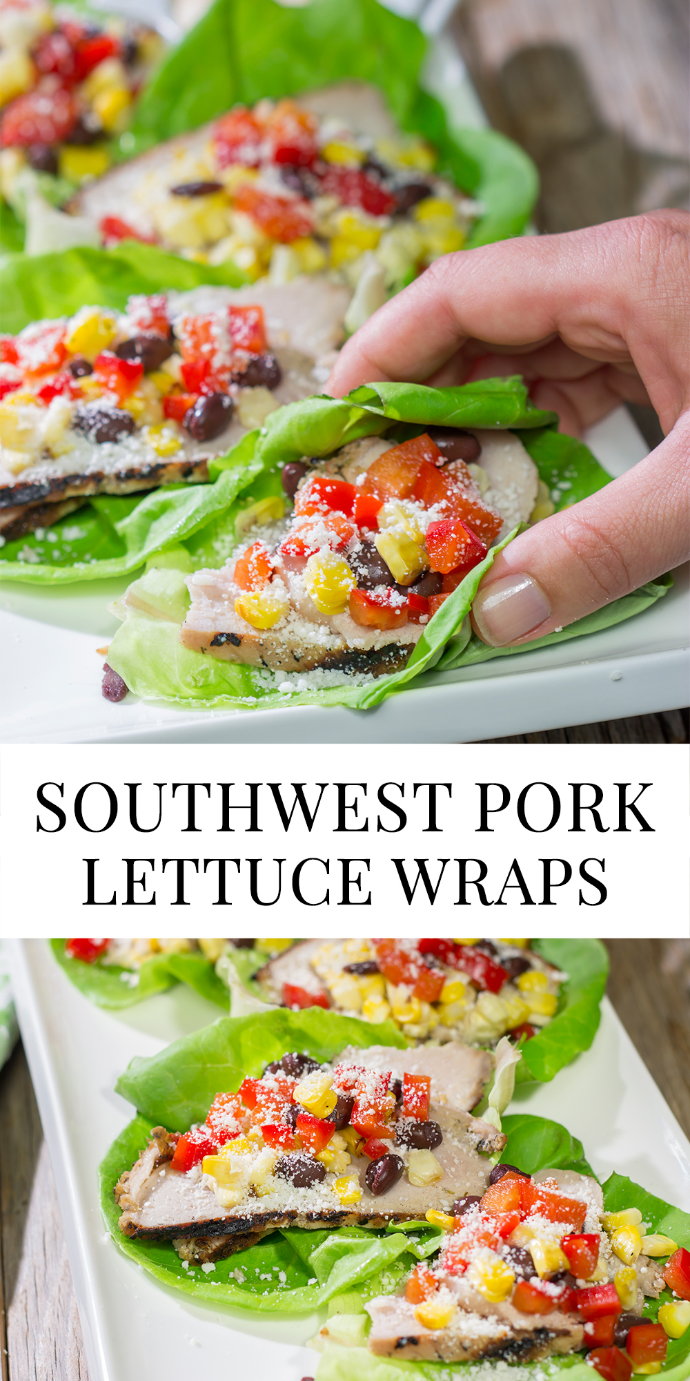 Filled with thinly sliced, marinated pork loin, grilled corn and chopped peppers, these Southwest Pork Lettuce Wraps make for a tasty gameday appetizer or meal!