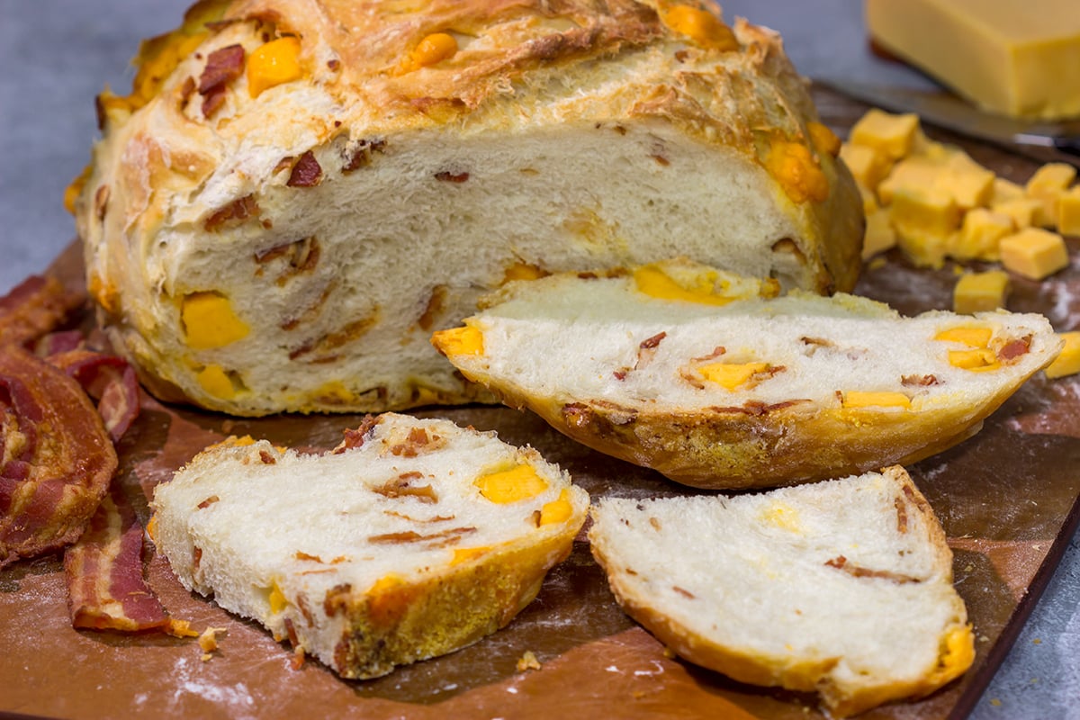 ed with crumbled bacon and cubes of cheddar cheese, this no-knead Bacon Cheddar Bread is a fantastic way to enjoy fresh bread at home!