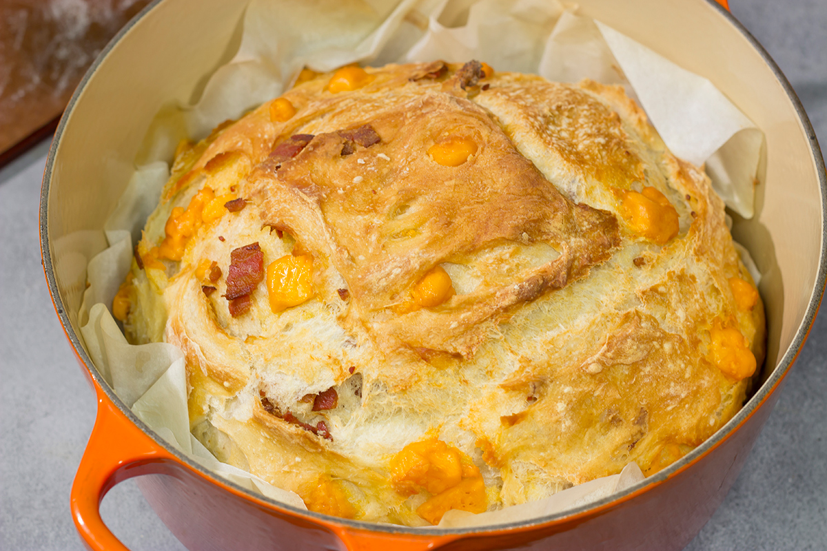 ed with crumbled bacon and cubes of cheddar cheese, this no-knead Bacon Cheddar Bread is a fantastic way to enjoy fresh bread at home!
