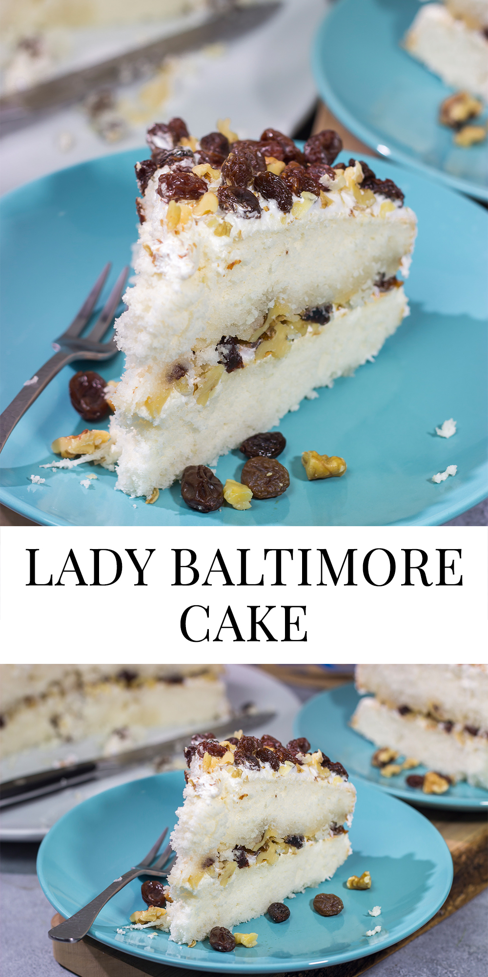 A Lady Baltimore Cake features white cake topped with 2 frostings, toasted walnuts and sherry-soaked raisins. It's truly a unique dessert!
