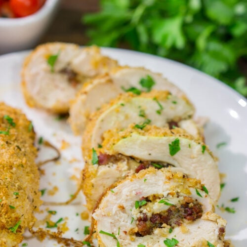 These Pancetta Stuffed Chicken Breasts feature flavorful boneless, skinless chicken breasts stuffed with pancetta, cheese and herbs. They're delicious!