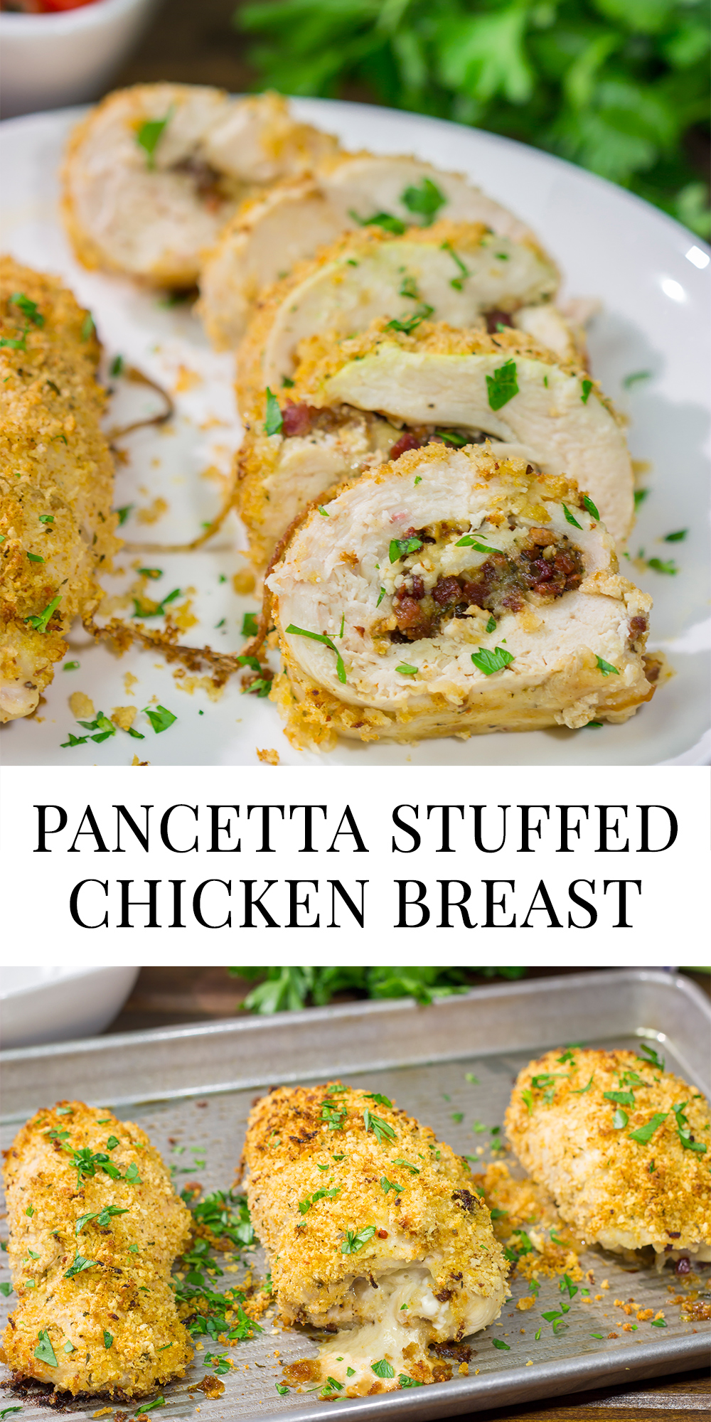 These Pancetta Stuffed Chicken Breasts feature flavorful boneless, skinless chicken breasts stuffed with pancetta, cheese and herbs. They're delicious!