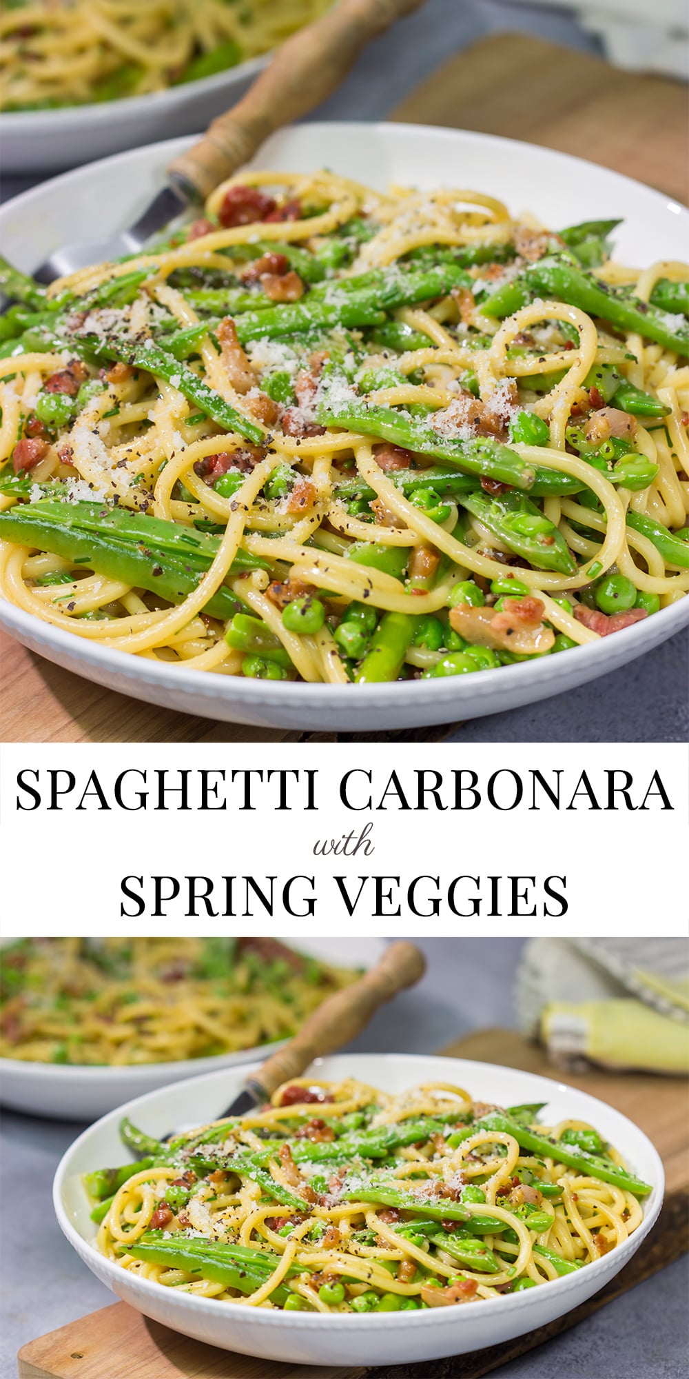 Loaded with spring vegetables tossed in a creamy, cheesy sauce, this Spaghetti Carbonara with Spring Vegetables makes for a delicious comfort food meal!
