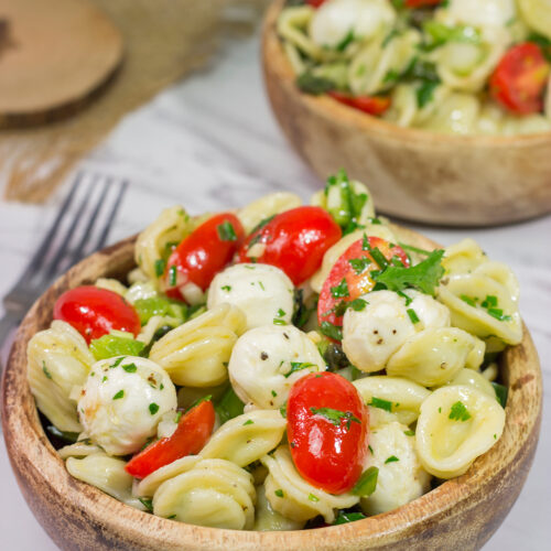 Traditional Caprese salad...in pasta salad form! This Caprese Pasta Salad is filled with fresh mozzarella, tomatoes and basil. It's a great summer side dish!