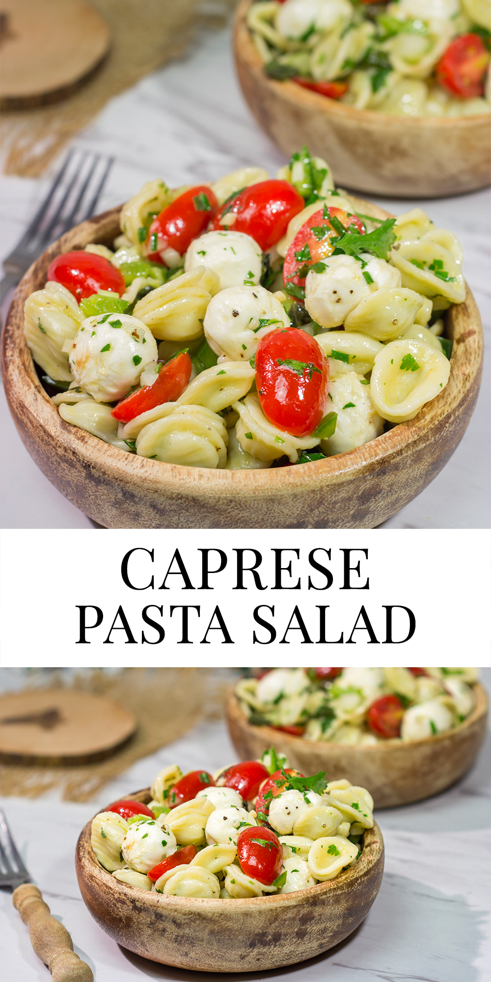 Traditional Caprese salad...in pasta salad form! This Caprese Pasta Salad is filled with fresh mozzarella, tomatoes and basil. It's a great summer side dish!