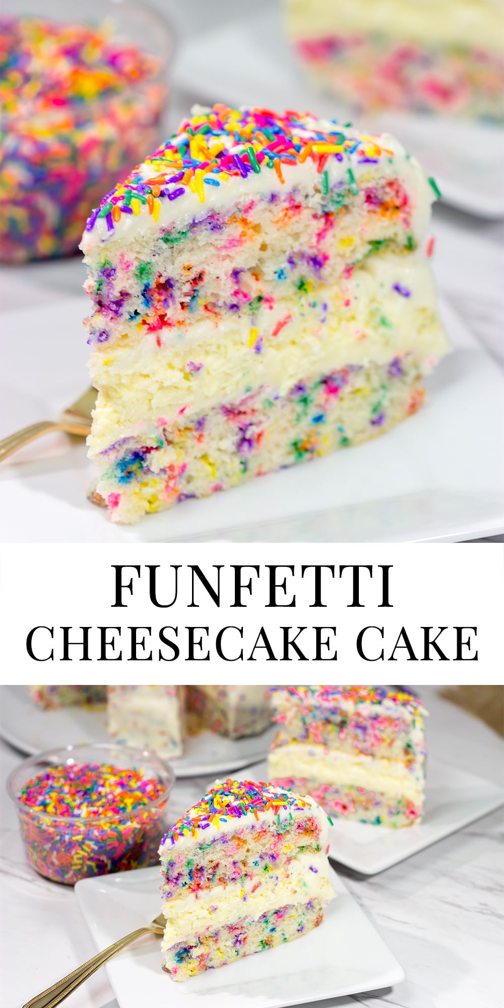Everything's better with sprinkles! This Funfetti Cheesecake Cake features a layer of cheesecake in between two layers of white cake...and lots of sprinkles! It's a fun cake for any sort of celebration.