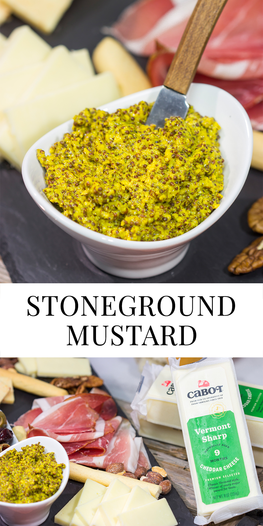 Looking for a fun appetizer idea? Make a batch of this Homemade Stoneground Mustard and whip up a cheddar cheese charcuterie board!