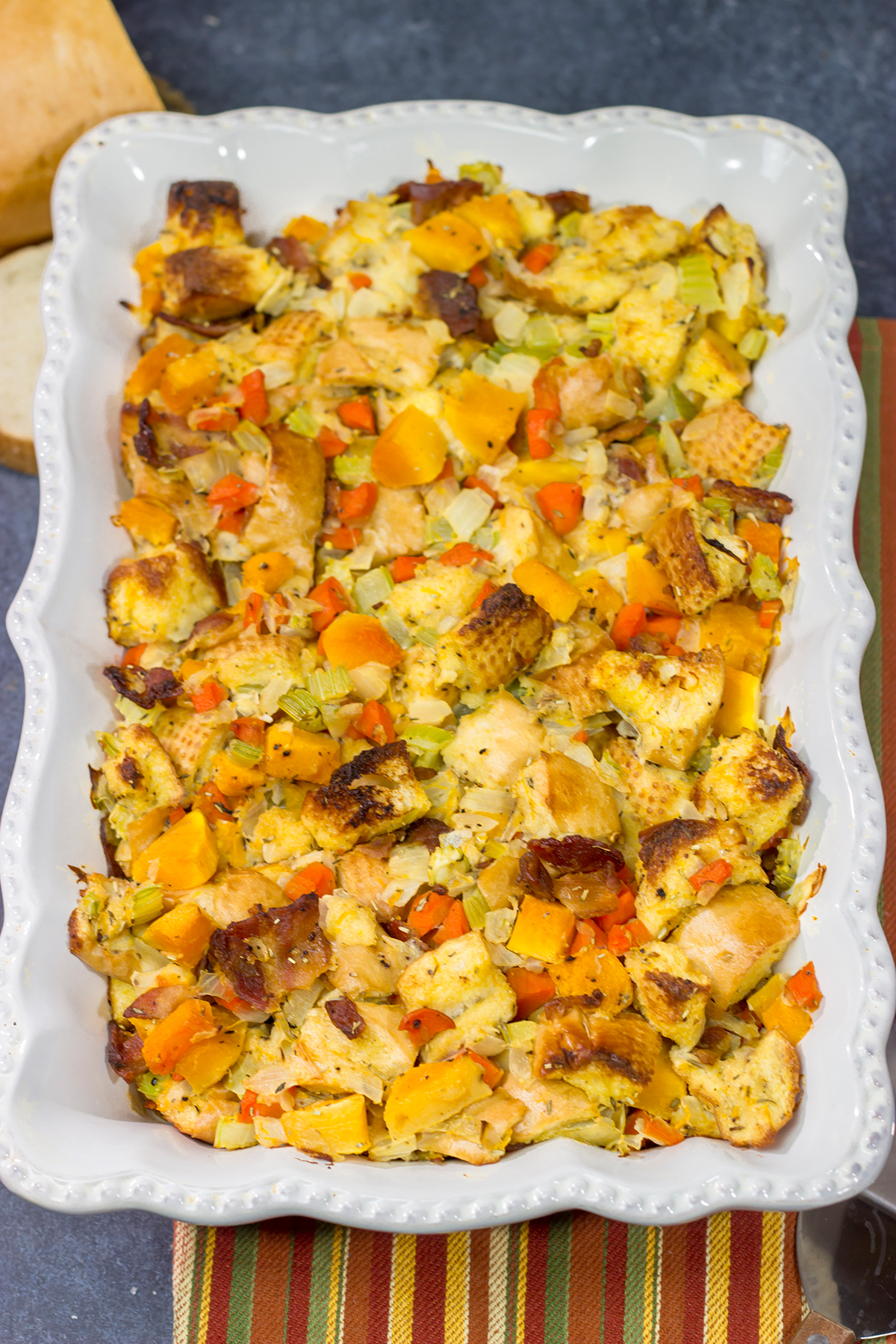 This Bacon and Butternut Squash Stuffing is packed with classic autumn ingredients...and bacon! Whip up a batch for dinner tonight!