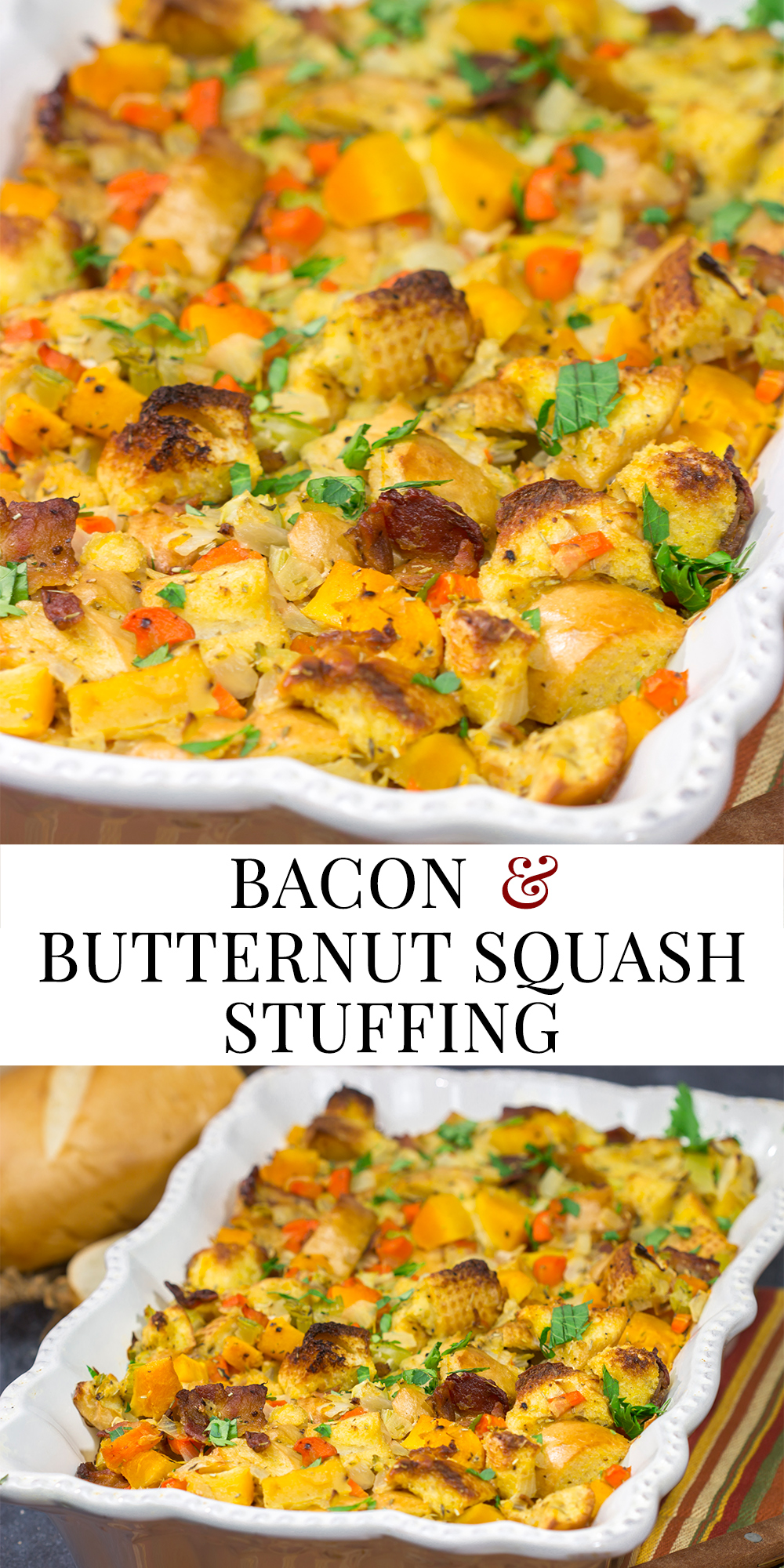 This Bacon and Butternut Squash Stuffing is packed with classic autumn ingredients...and bacon! Whip up a batch for dinner tonight!
