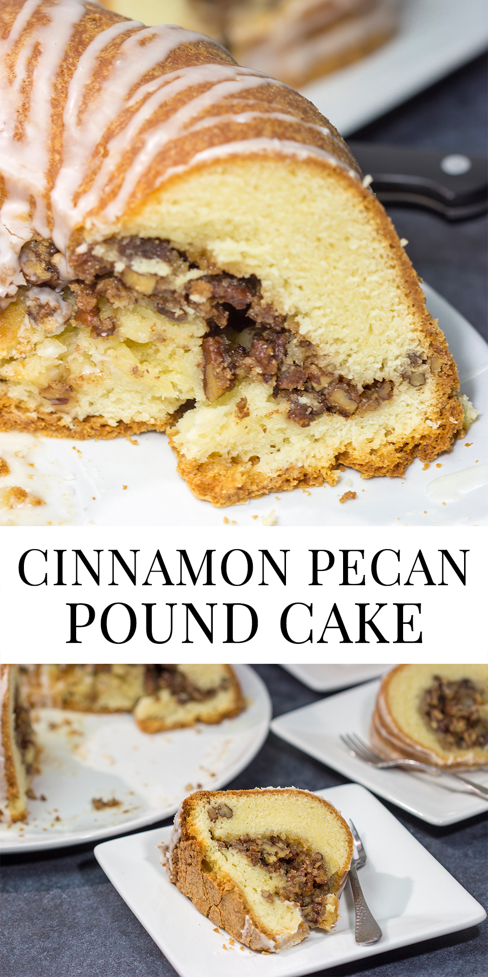 This Cinnamon Pecan Pound Cake features a sour cream pound cake filled with a layer of sugared pecans - it's one heck of a tasty dessert!