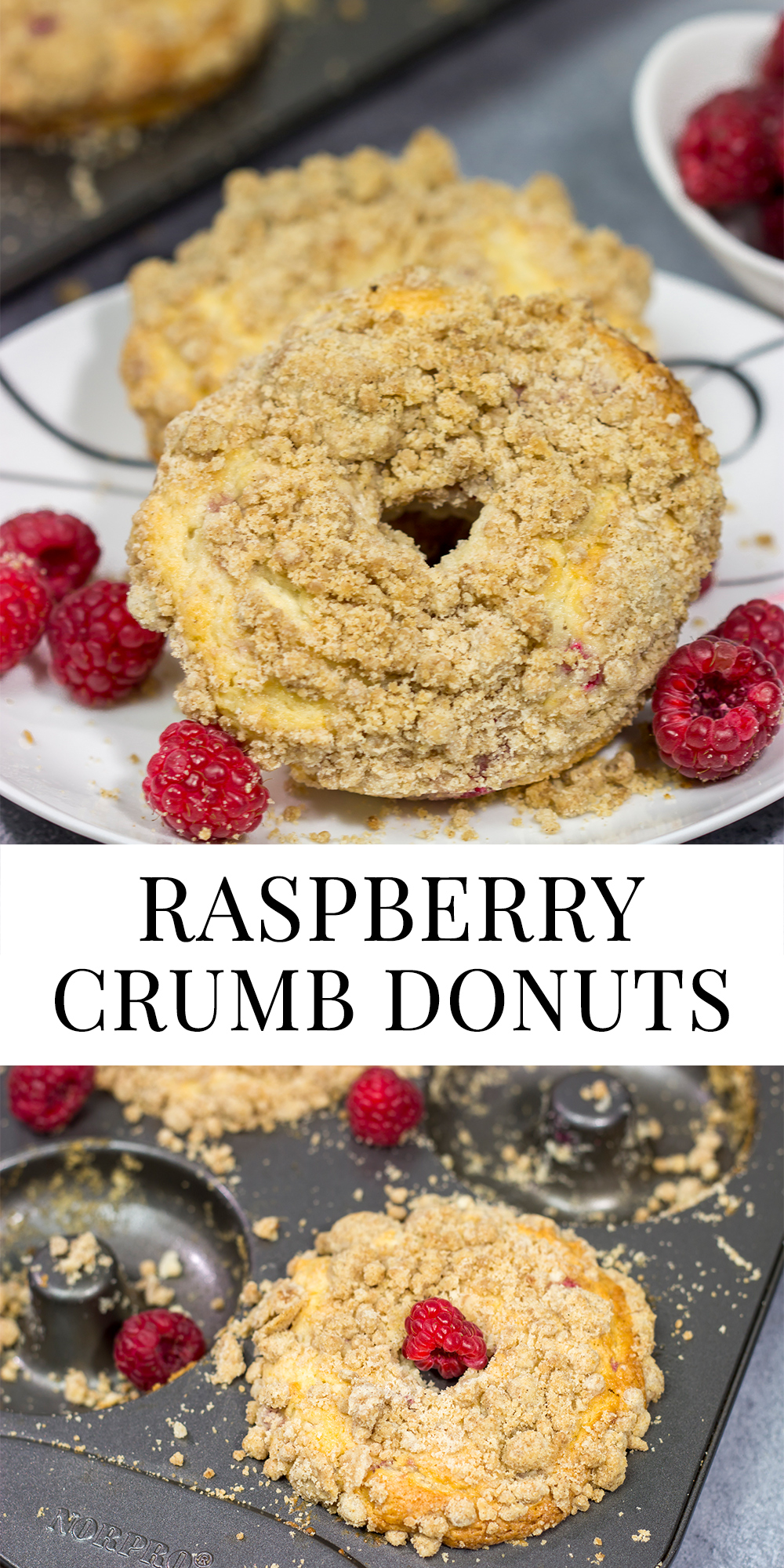 These baked Raspberry Crumb Donuts feature a cake-like base filled with fresh raspberries...and then topped with a thick layer of brown sugar crumble. They're delicious!