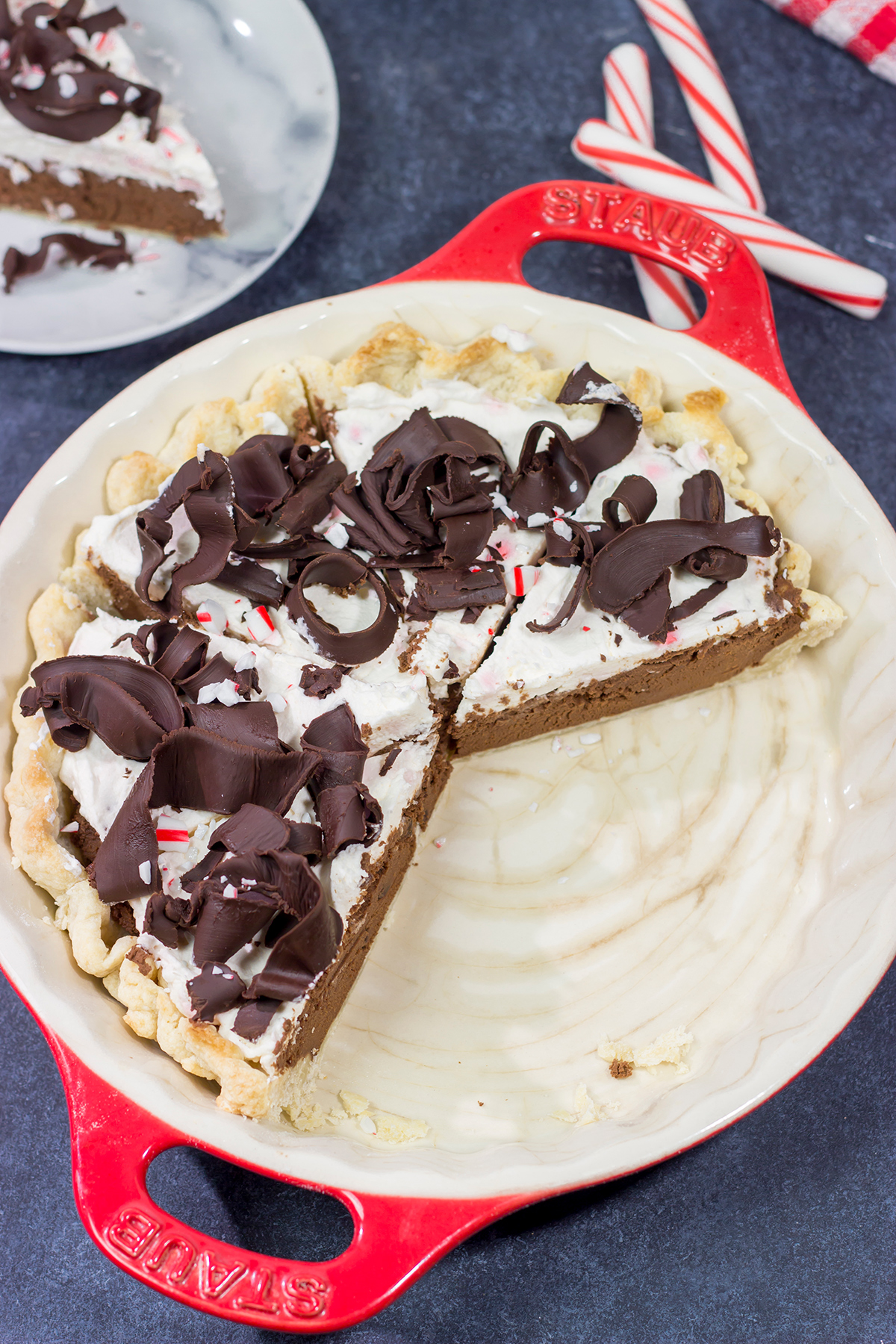 Topped with creamy whipped cream and large chocolate curls, this Chocolate Peppermint Pie is a tasty and impressive dessert to serve during the holiday season!