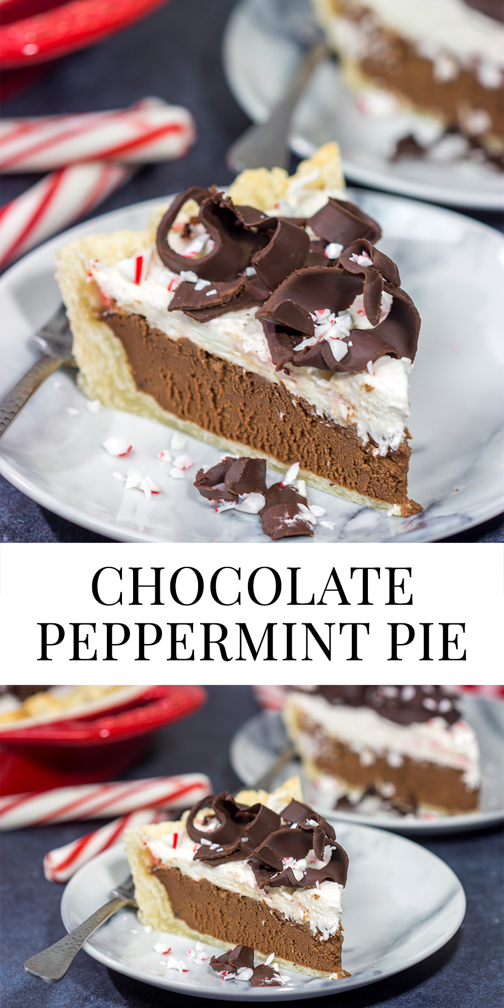 Topped with creamy whipped cream and large chocolate curls, this Chocolate Peppermint Pie is a tasty and impressive dessert to serve during the holiday season!