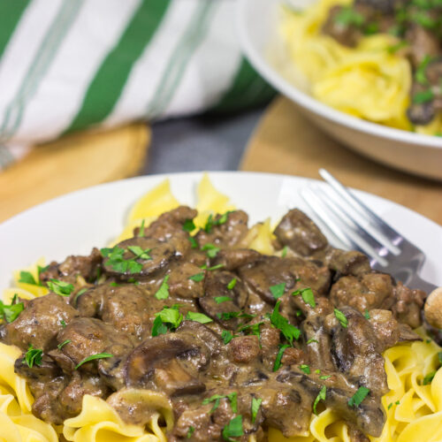 Featuring flavorful ground beef and sautéed mushrooms in a creamy sauce, this Ground Beef Stroganoff makes for an easy and classic comfort food meal!