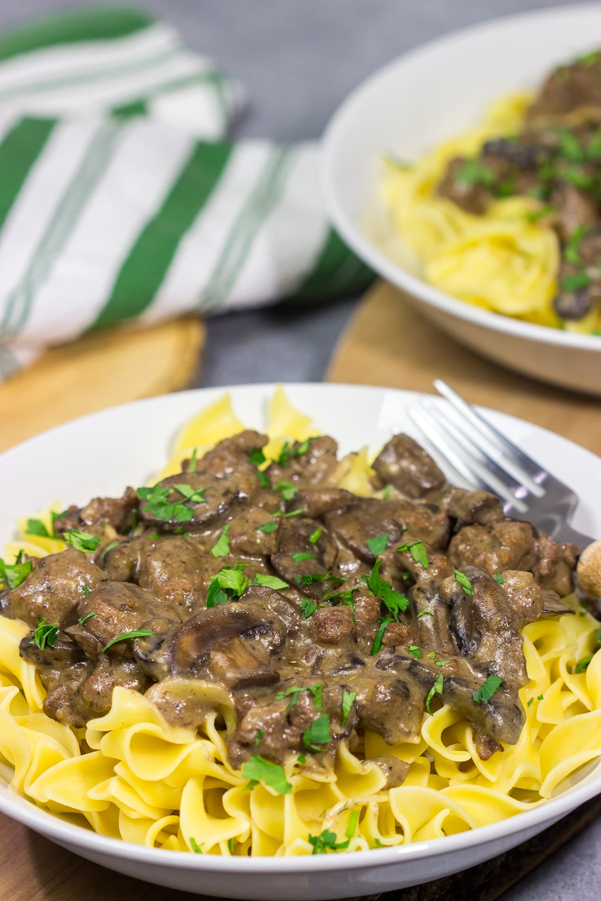 Featuring flavorful ground beef and sautéed mushrooms in a creamy sauce, this Ground Beef Stroganoff makes for an easy and classic comfort food meal!