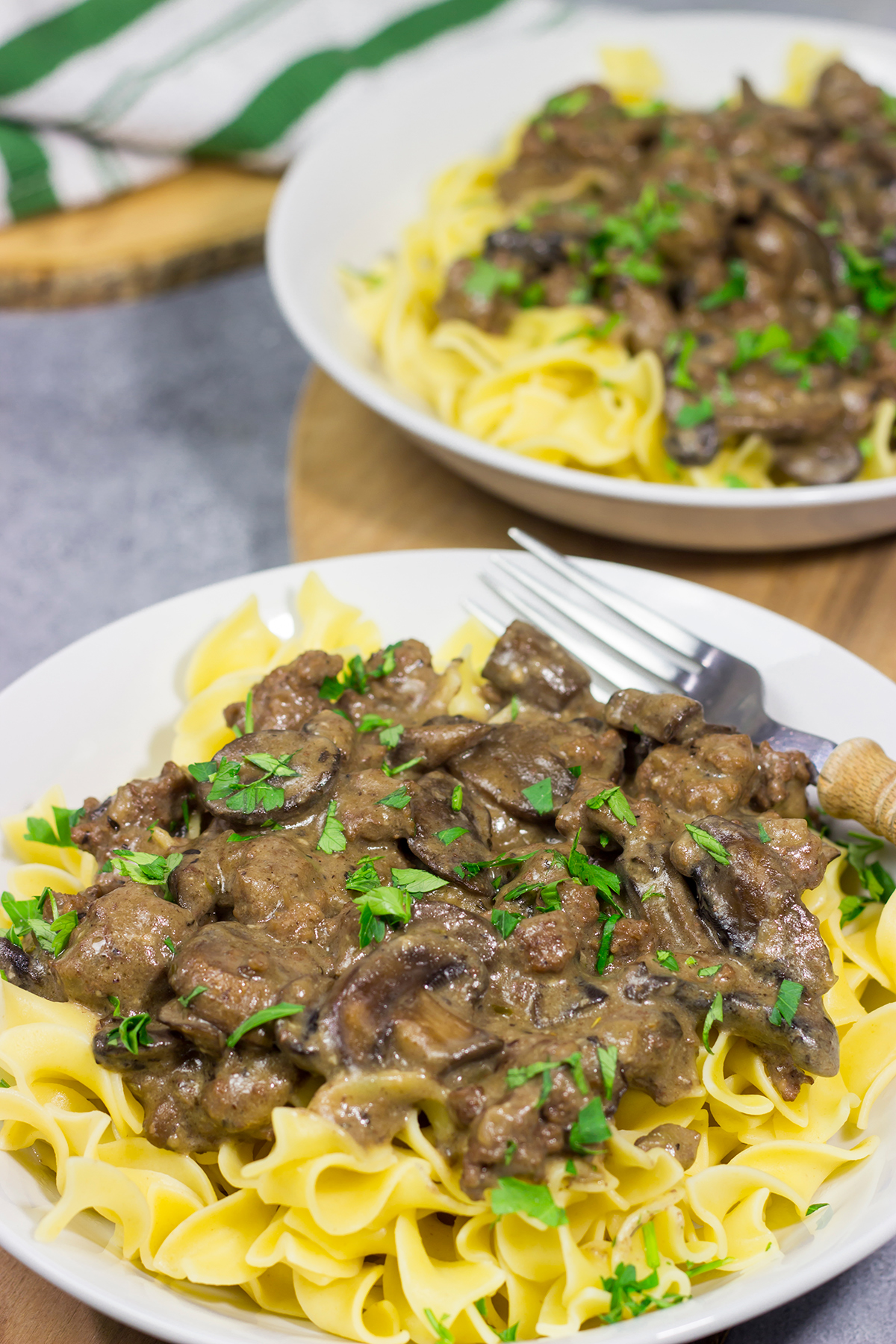 Featuring flavorful ground beef and sautéed mushrooms in a creamy sauce, this Ground Beef Stroganoff makes for an easy and classic comfort food meal!