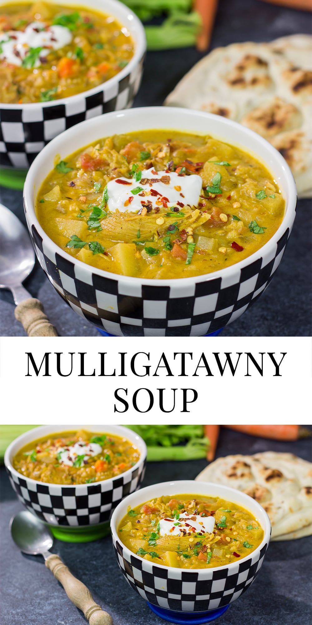 Mulligatawny Soup is a creamy, curry-flavored soup that originated in southern India. This unique soup is delicious! In fact, you can't eat this soup standing up - your knees buckle!