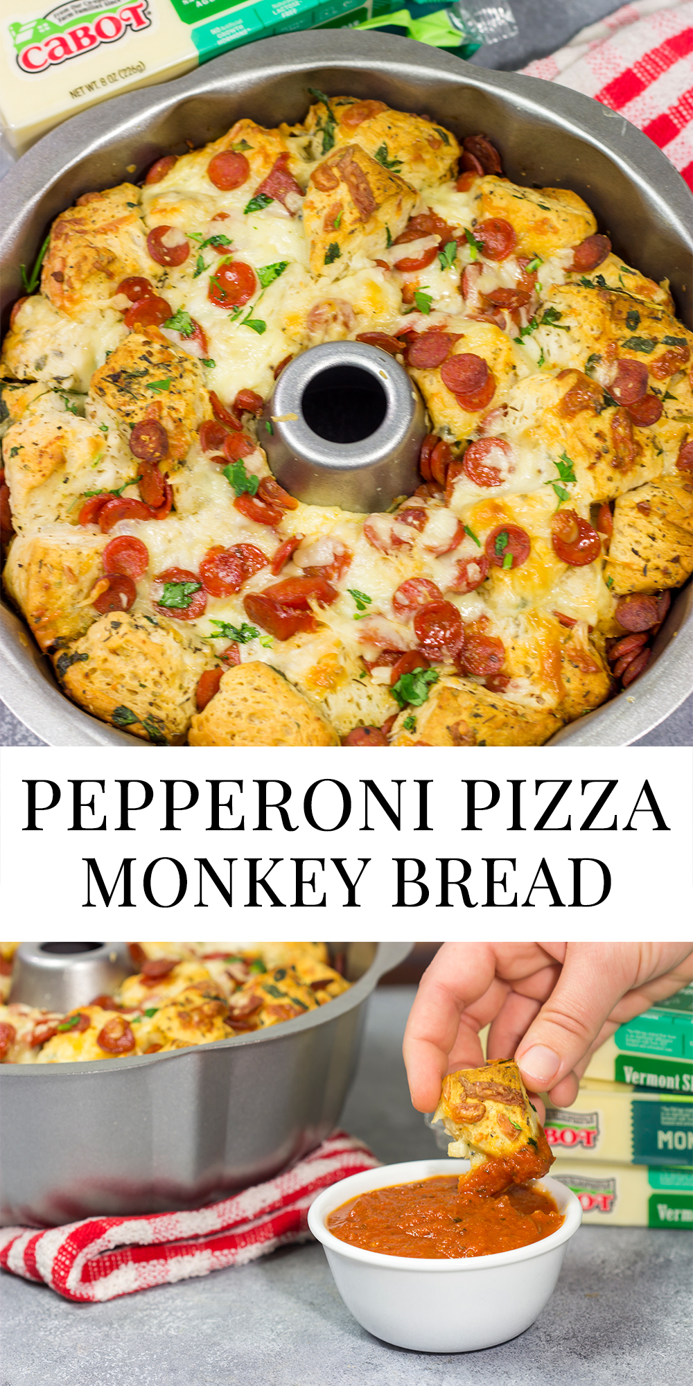 his Pepperoni Pizza Monkey Bread is packed with bread, herbs, pepperoni and 2 types of cheese - it makes for a great gameday appetizer!