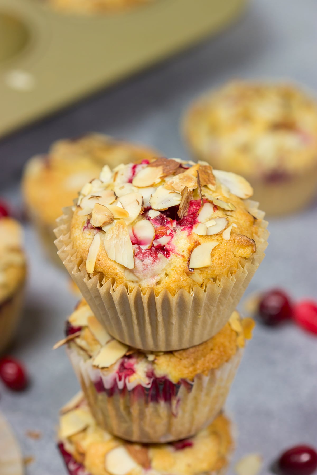 Packed with cranberries and topped with sliced almonds, these Cranberry Almond Muffins are a tasty way to start the morning!