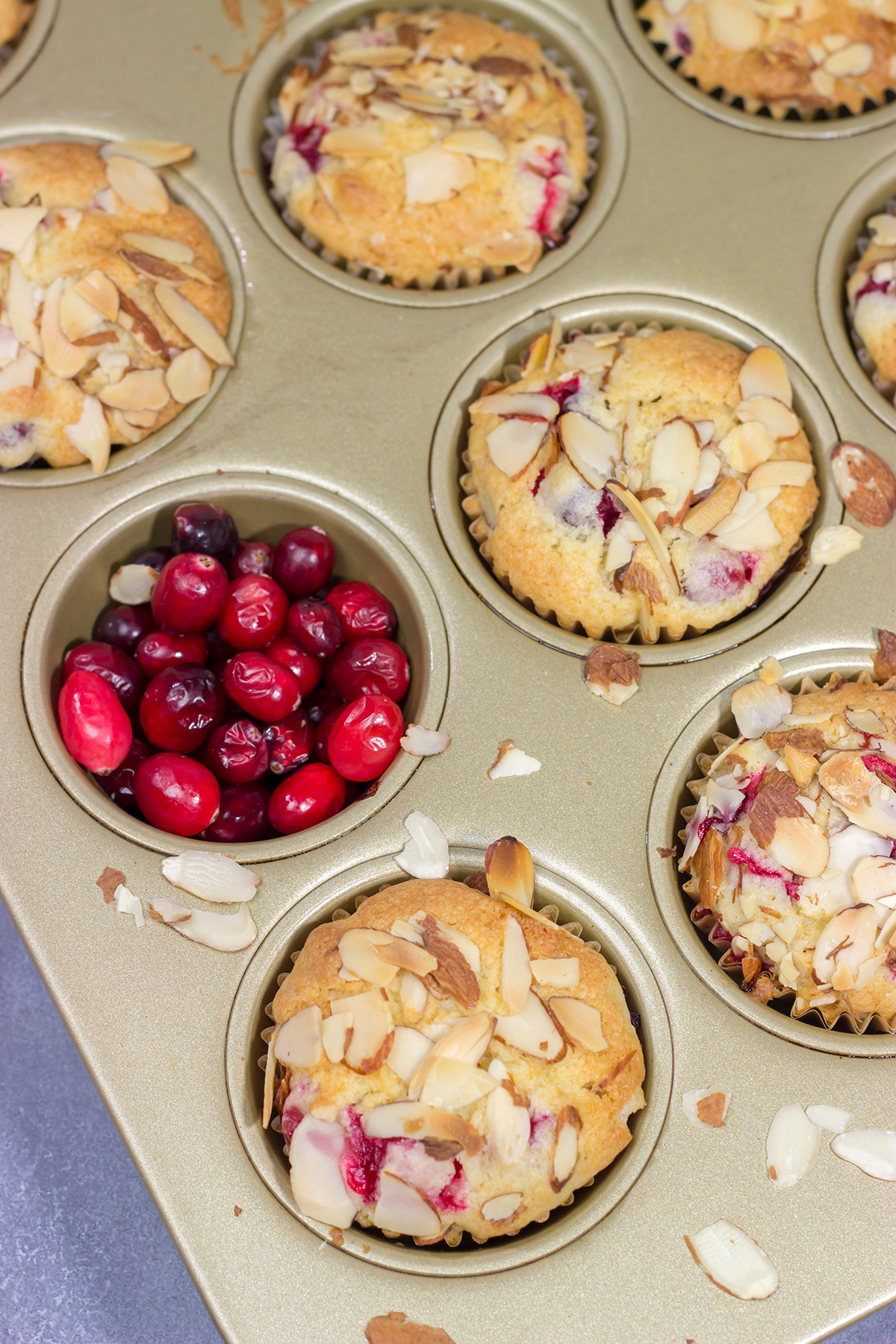 Packed with cranberries and topped with sliced almonds, these Cranberry Almond Muffins are a tasty way to start the morning!