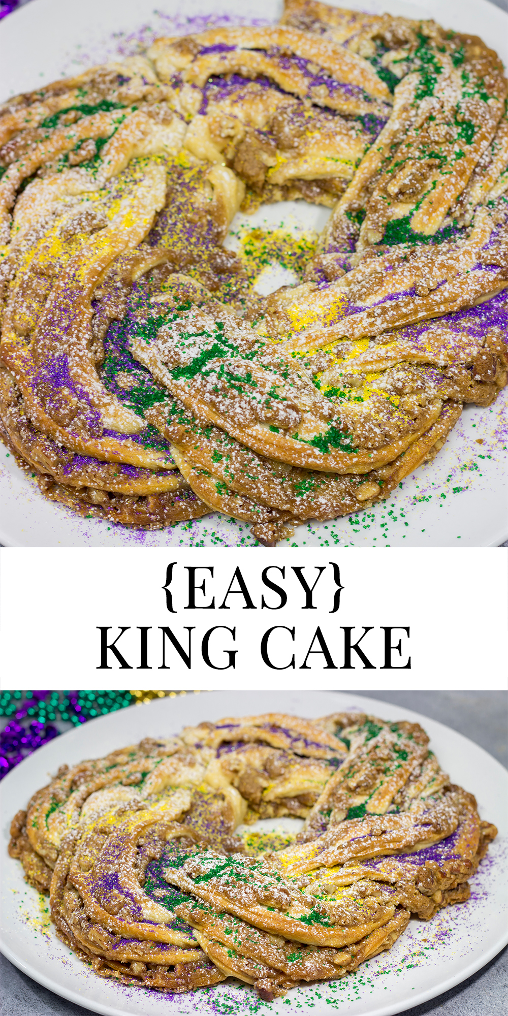 This Easy King Cake uses refrigerated crescent dough instead of the traditional yeasted dough. It's an easy - and delicious - way to celebrate Mardi Gras!