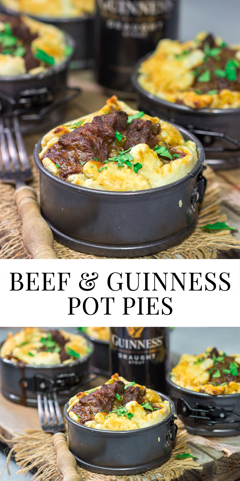 Featuring a flaky pie crust filled with chunks of beef simmered in stout beer, these Individual Beef and Guinness Pot Pies are a tasty winter comfort food!