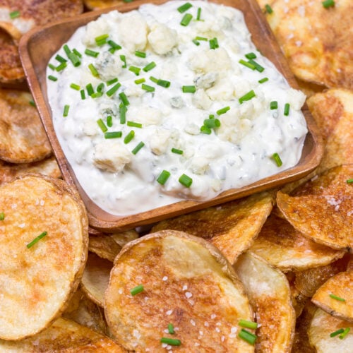 This classic Blue Cheese Dip is creamy and delicious! Serve with homemade potato chips, veggies or Buffalo wings!