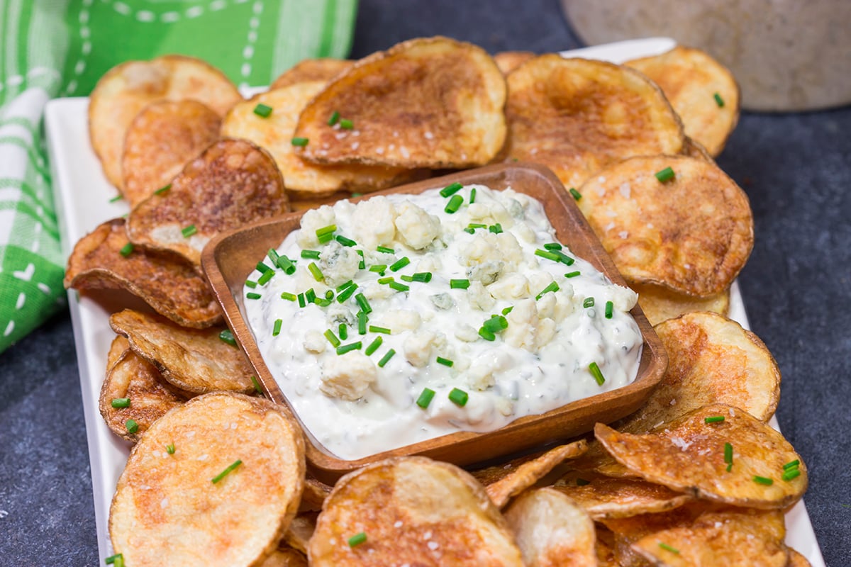 This classic Blue Cheese Dip is creamy and delicious! Serve with homemade potato chips, veggies or Buffalo wings!