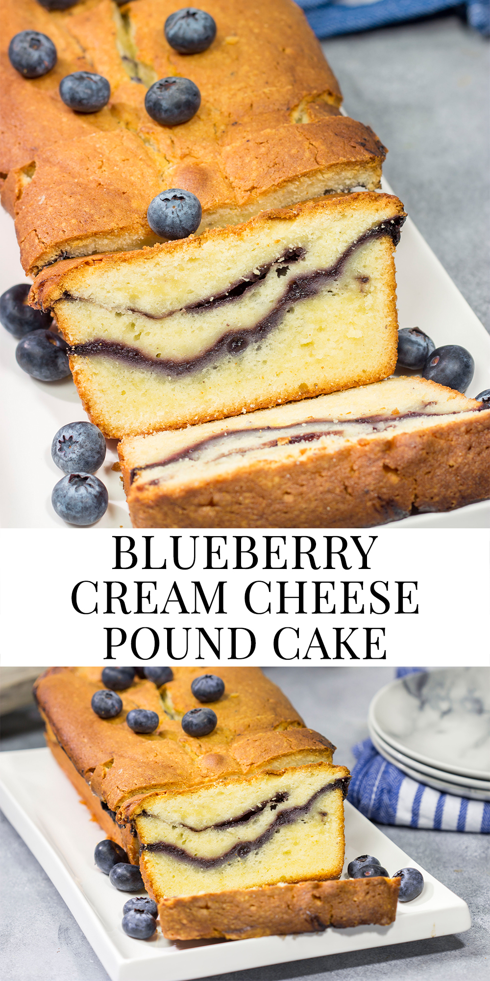 Featuring a ribbon of blueberry sauce swirled into the cake, this Blueberry Cream Cheese Pound Cake is a fun and tasty treat! Bake one today!