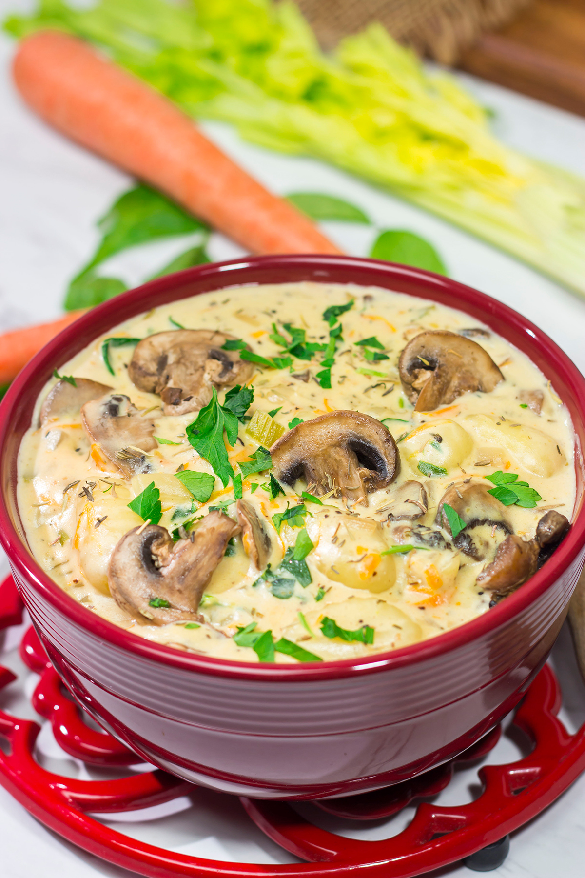 Filled with sautéed mushrooms and potato gnocchi, this Creamy Mushroom Gnocchi Soup is a great way to warm up on a cold winter night!
